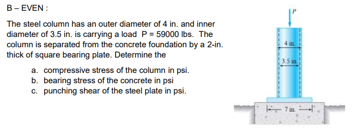 B- EVEN :
The steel column has an outer diameter of 4 in. and inner
diameter of 3.5 in. is carrying a load P = 59000 lbs. The
column is separated from the concrete foundation by a 2-in.
thick of square bearing plate. Determine the
in
3.5 in
a. compressive stress of the column in psi.
b. bearing stress of the concrete in psi
c. punching shear of the steel plate in psi.
E 7 in. |"
