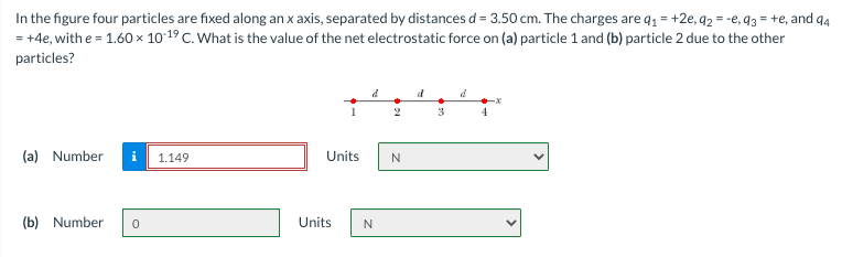 In the figure four particles are fixed along an x axis, separated by distances d = 3.50 cm. The charges are q1 = +2e, q2 = -e, q3 = +e, and q4
= +4e, with e = 1.60 × 10-19 C. What is the value of the net electrostatic force on (a) particle 1 and (b) particle 2 due to the other
%3D
particles?
3
4
(a) Number
i
1.149
Units
(b) Number
Units
N
