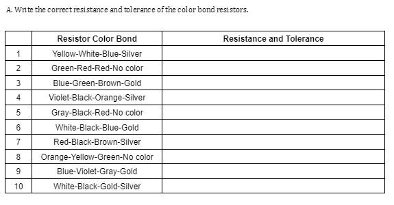 A. Write the correct resistance and tolerance of the color bond resistors.
Resistor Color Bond
1
Yellow-White-Blue-Silver
2
Green-Red-Red-No color
3
Blue-Green-Brown-Gold
4
Violet-Black-Orange-Silver
5
Gray-Black-Red-No color
6
White-Black-Blue-Gold
7
Red-Black-Brown-Silver
8
Orange-Yellow-Green-No color
Blue-Violet-Gray-Gold
White-Black-Gold-Silver
9
10
Resistance and Tolerance