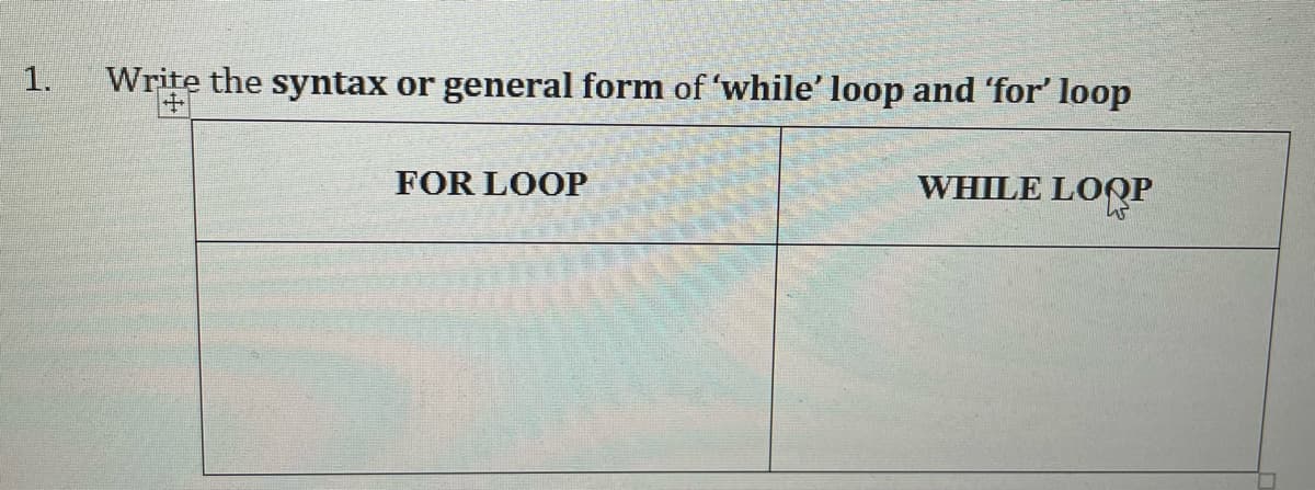 1.
Write the syntax or general form of 'while' loop and 'for' loop
+1
FOR LOOP
WHILE LOOP
