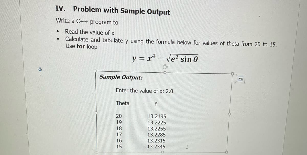 IV. Problem with Sample Output
Write a C++ program to
Read the value of x
Calculate and tabulate y using the formula below for values of theta from 20 to 15.
Use for loop
y = xt - Ve2 sin 0
Sample Output:
Enter the value of x: 2.0
Theta
Y
20
19
13.2195
13.2225
18
13.2255
17
13.2285
13.2315
13.2345
16
15
