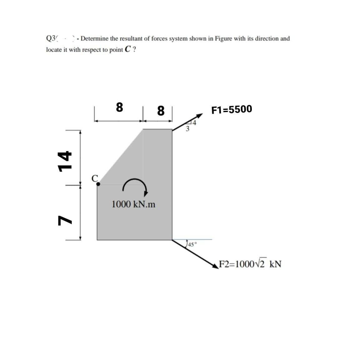 Q3
- Determine the resultant of forces system shown in Figure with its direction and
locate it with respect to point C ?
8
| 8
F1=5500
1000 kN.m
45°
F2=1000v2 kN
14
