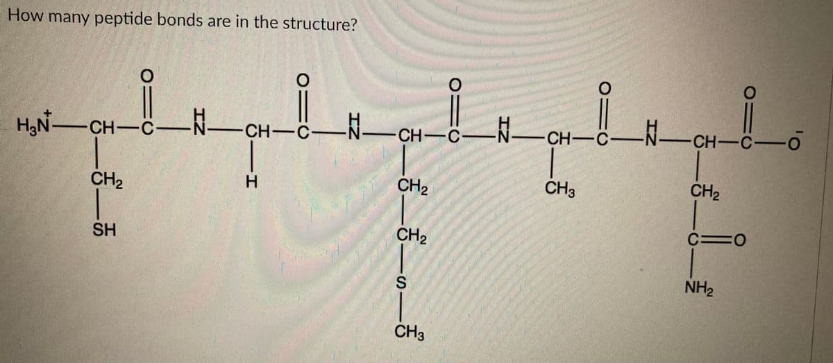 -CH-C-O
How many peptide bonds are in the structure?
-N-CH-c-
N-CH-C -o
HạN-CH-C-I
N-CH-C-N-
CH-C
CH2
CH3
CH2
CH2
H.
C=0
CH2
SH
NH2
CH3
