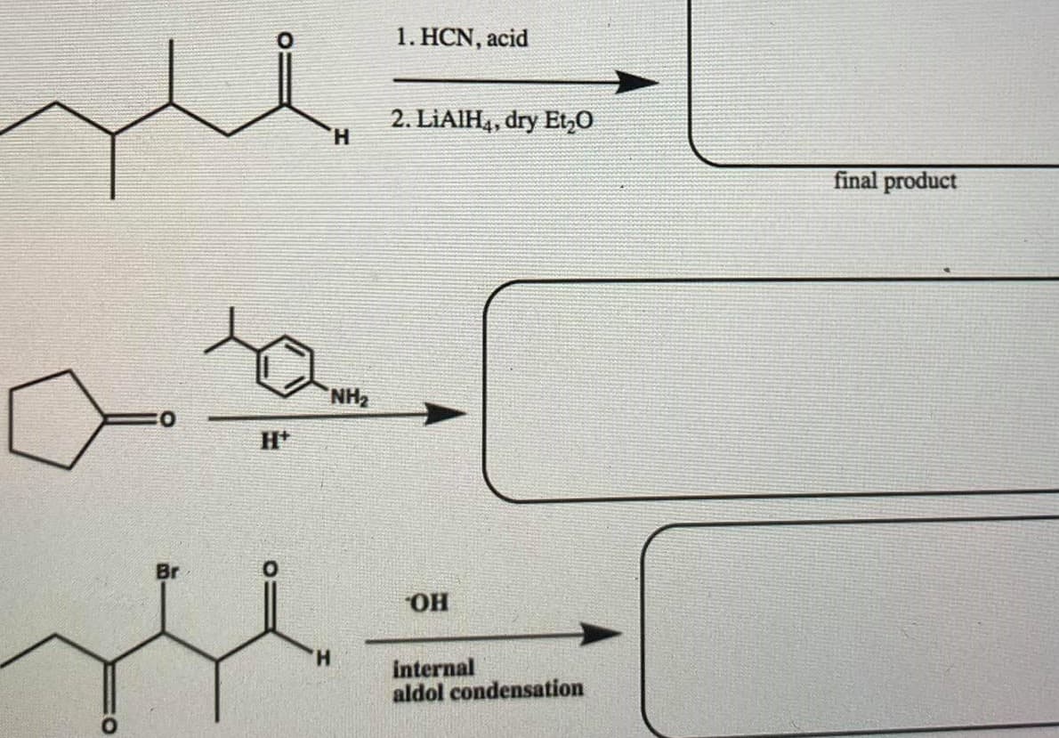 1. НCN, acid
2. LIAIH4, dry Et,0
H.
final product
NH2
H*
Br
H.
internal
aldol condensation
