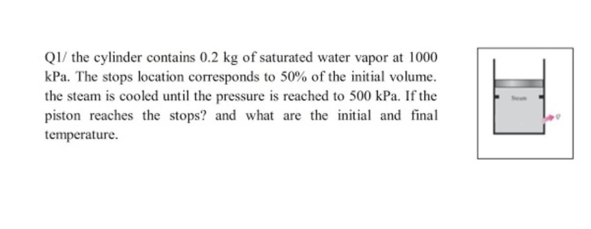 QI/ the cylinder contains 0.2 kg of saturated water vapor at 1000
kPa. The stops location corresponds to 50% of the initial volume.
the steam is cooled until the pressure is reached to 500 kPa. If the
piston reaches the stops? and what are the initial and final
Seam
temperature.
