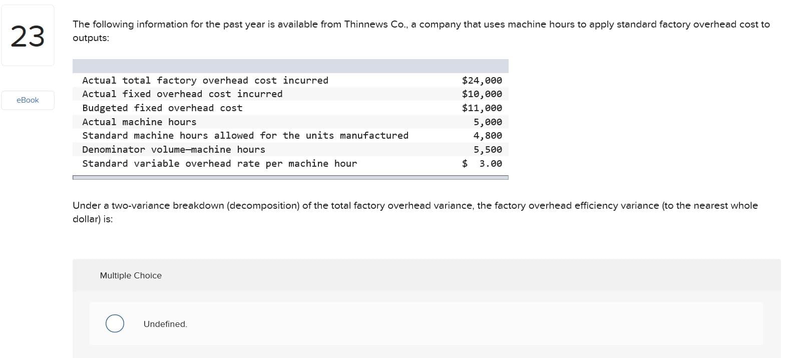 The following information for the past year is available from Thinnews Co., a company that uses machine hours to apply standard factory overhead cost to
23
outputs:
$24,000
$10,000
$11,000
Actual total factory overhead cost incurred
Actual fixed overhead cost incurred
eBook
Budgeted fixed overhead cost
Actual machine hours
5,000
Standard machine hours allowed for the units manufactured
4,800
Denominator volume-machine hours
5,500
$ 3.00
Standard variable overhead rate per machine hour
Under a two-variance breakdown (decomposition) of the total factory overhead variance, the factory overhead efficiency variance (to the nearest whole
dollar) is:
Multiple Choice
Undefined.
