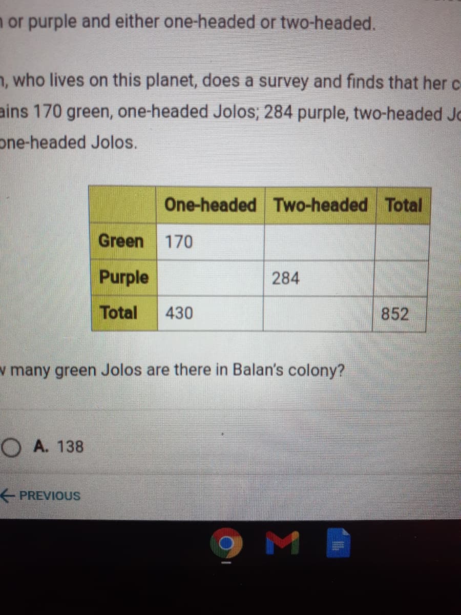n or purple and either one-headed or two-headed.
n, who lives on this planet, does a survey and finds that her ce
ains 170 green, one-headed Jolos; 284 purple, two-headed Jc
one-headed Jolos.
One-headed Two-headed Total
Green
170
Purple
284
Total
430
852
w many green Jolos are there in Balan's colony?
O A. 138
E PREVIOUS
