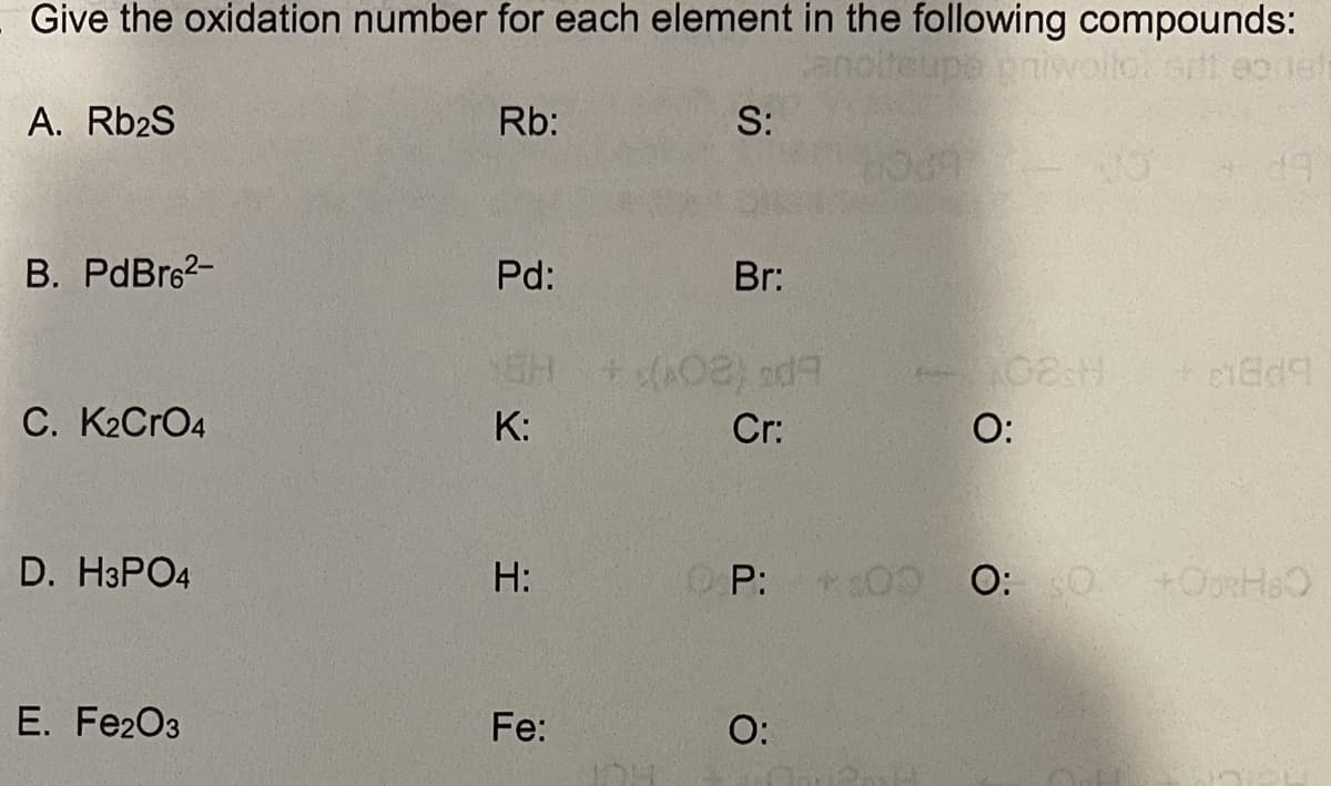 Give the oxidation number for each element in the following compounds:
ce e ojoLa ednapouer
A. Rb2S
Rb:
S:
B. PdBre2-
Pd:
Br:
C. K2CrO4
K:
Cr:
O:
D. H3PO4
H:
OP:
O:
E. Fe2O3
Fe:
O:
