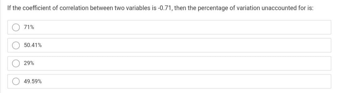 If the coefficient of correlation between two variables is -0.71, then the percentage of variation unaccounted for is:
71%
50.41%
29%
49.59%
