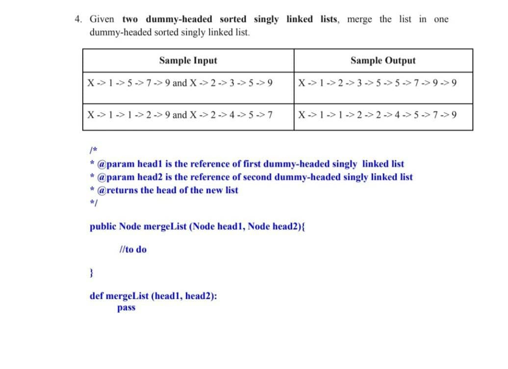 4. Given two dummy-headed sorted singly linked lists, merge the list in one
dummy-headed sorted singly linked list.
Sample Input
Sample Output
X ->1 -> 5 -> 7-> 9 and X -> 2 -> 3 -> 5 -> 9
X -> 1 -> 2 -> 3 -> 5 ->5 -> 7->9 ->9
X -> 1-> 1 -> 2 -> 9 and X -> 2 -> 4 -> 5 -> 7
X ->1 -> 1 -> 2 -> 2 -> 4 -> 5 -> 7 -> 9
/*
* @param headl is the reference of first dummy-headed singly linked list
@param head2 is the reference of second dummy-headed singly linked list
* @returns the head of the new list
*/
public Node mergeList (Node head1, Node head2){
//to do
}
def mergeList (head1, head2):
pass
