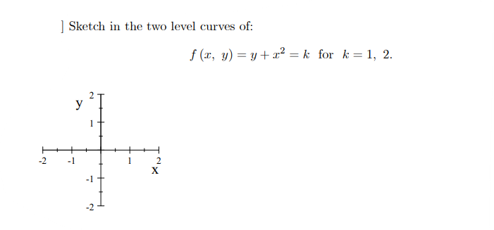 Sketch in the two level curves of:
f (x, y) = y+x? = k for k = 1, 2.
y
1
X
-1
-2
2.

