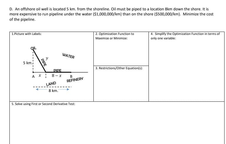D. An offshore oil well is located 5 km. from the shoreline. Oil must be piped to a location 8km down the shore. It is
more expensive to run pipeline under the water ($1,000,000/km) than on the shore ($500,000/km). Minimize the cost
of the pipeline.
1.Picture with Labels:
2. Optimization Function to
4. Simplify the Optimization Function in terms of
only one variable:
Maximize or Minimize:
WATER
5 km.
3. Restrictions/Other Equation(s):
PIPE
A x 8-x
REFINERY
LAND
8 km.
5. Solve using First or Second Derivative Test:
PIPE
