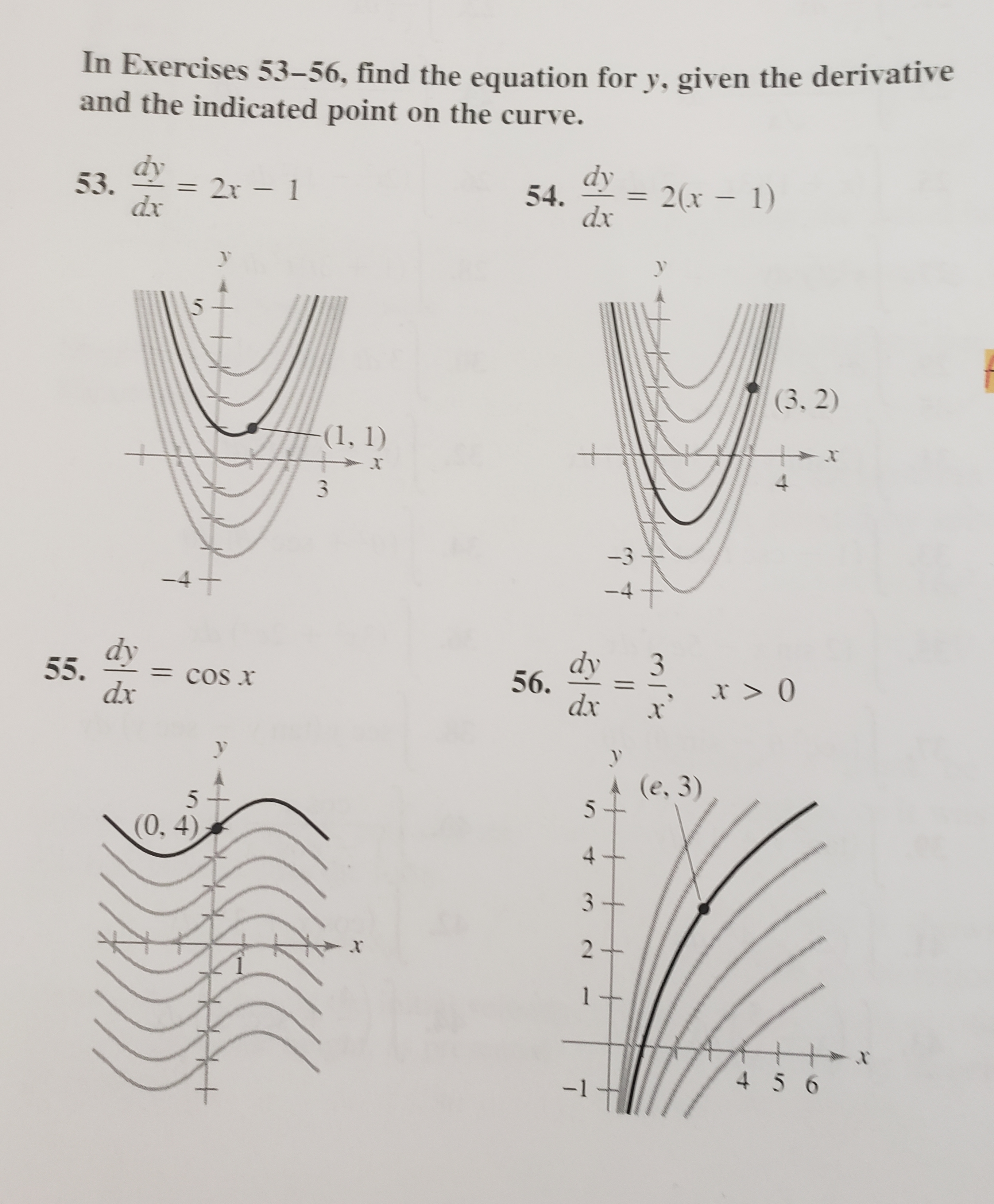 In Exercises 53-56, find the equation for y, given the deriv
and the indicated point on the curve.
dy
53.
dx
dy
2r - 1
= 2(x – 1)
%3D
54.
%3D
dx
(3, 2)
(1, 1)
3
4.
-3
-4+
