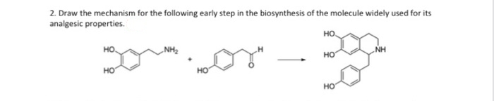 2. Draw the mechanism for the following early step in the biosynthesis of the molecule widely used for its
analgesic properties.
но
но
но
HO
но

