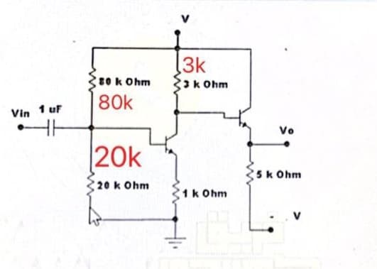 Vin 1 uF
HH
80 k Ohm
80k
20k
20 k 0hm
3k
23 kOhm
1 k Ohm
Vo
5 k Ohm