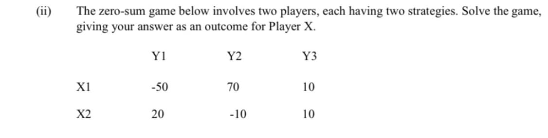 (ii)
The zero-sum game below involves two players, each having two strategies. Solve the game,
giving your answer as an outcome for Player X.
Y1
Y2
Y3
X1
-50
70
10
X2
20
-10
10
