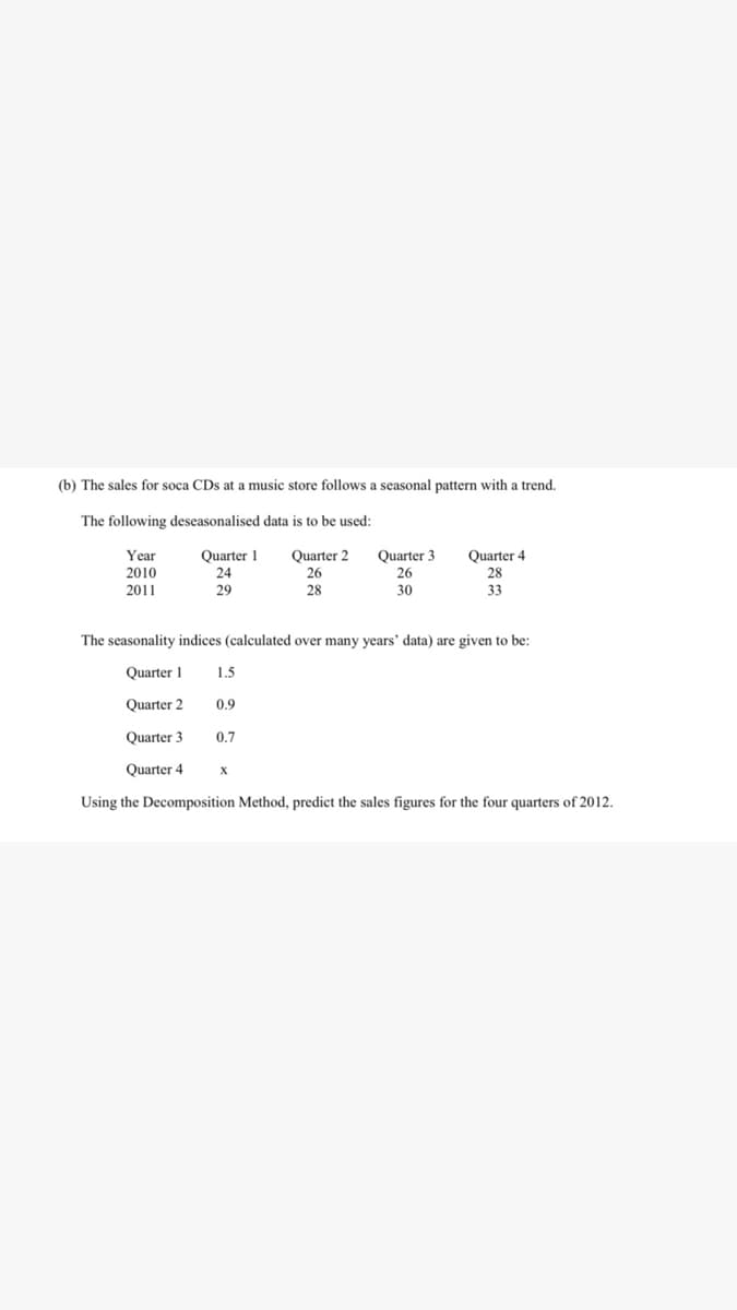 (b) The sales for soca CDs at a music store follows a seasonal pattern with a trend.
The following deseasonalised data is to be used:
Year
Quarter 3
26
30
Quarter 1
Quarter 2
Quarter 4
2010
24
29
26
28
2011
28
33
The seasonality indices (calculated over many years' data) are given to be:
Quarter 1
1.5
Quarter 2
0.9
Quarter 3
0,7
Quarter 4
X
Using the Decomposition Method, predict the sales figures for the four quarters of 2012.
