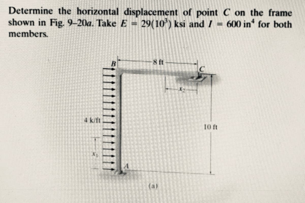 Determine the horizontal displacement of point C on the frame
shown in Fig. 9-20a. Take E = 29(10') ksi and I
members.
600 in for both
8 ft
4 k/ft
10 ft
(a)
