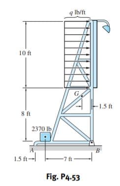 q lb/ft
10 ft
G.
1.5 ft
8 ft
2370 lb
A
B
1.5 ft-
-7 ft-
Fig. P4.53
