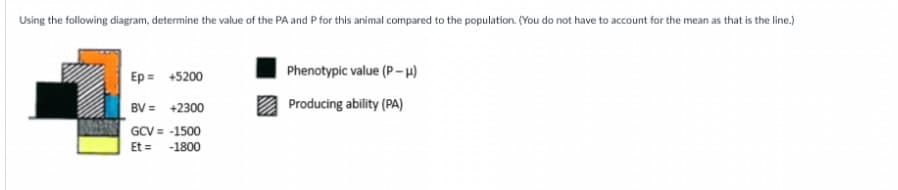 Using the following diagram, determine the value of the PA and P for this animal compared to the population. (You do not have to account for the mean as that is the line.)
Ep = +5200
BV =
+2300
GCV = -1500
Et= -1800
Phenotypic value (P-H)
Producing ability (PA)