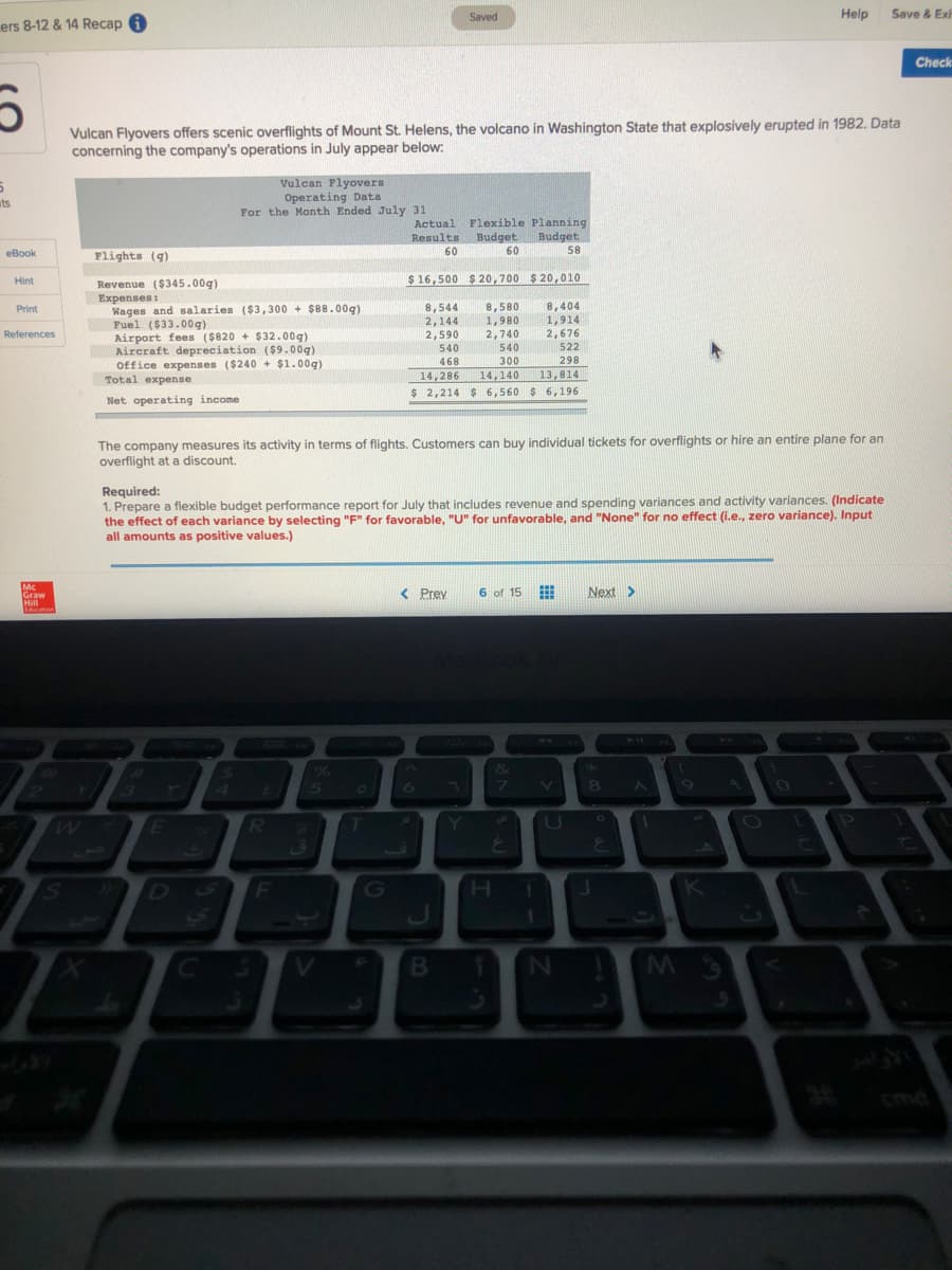 Saved
Help
Save & Exr
ers 8-12 & 14 Recap A
Check
Vulcan Flyovers offers scenic overflights of Mount St. Helens, the volcano in Washington State that explosively erupted in 1982. Data
concerning the company's operations in July appear below:
Vulcan Flyovers
Operating Data
For the Month Ended July 31
ts
Actual
Flexible Planning
Results
Budget
Budget
eBook
60
60
58
Flights (q)
$ 16,500 $ 20,700 $ 20,010
Hint
Revenue ($345.00g)
Expenses:
Wages and salaries ($3,300 + $88.00g)
Fuel ($33.00q)
Airport fees ($820 + $32.00g)
Aircraft depreciation ($9.00g)
Office expenses ($240 + $1.00g)
Total expense
8,544
2,144
2,590
8,580
1,980
2,740
540
8,404
1,914
2,676
Print
References
540
522
468
300
298
14,286
$ 2,214 $ 6,560 $ 6,196
14,140
13,814
Net operating income
The company measures its activity in terms of flights. Customers can buy individual tickets for overflights or hire an entire plane for an
overflight at a discount.
Required:
1. Prepare a flexible budget performance report for July that includes revenue and spending variances and activity variances. (Indicate
the effect of each variance by selecting "E" for favorable, "U" for unfavorable, and "None" for no effect (i.e., zero variance). Input
all amounts as positive values.)
Mc
Graw
Hill
Education
< Prey
6 of 15
Next >
126
16
8.
S
G
B
M 3
cmd
