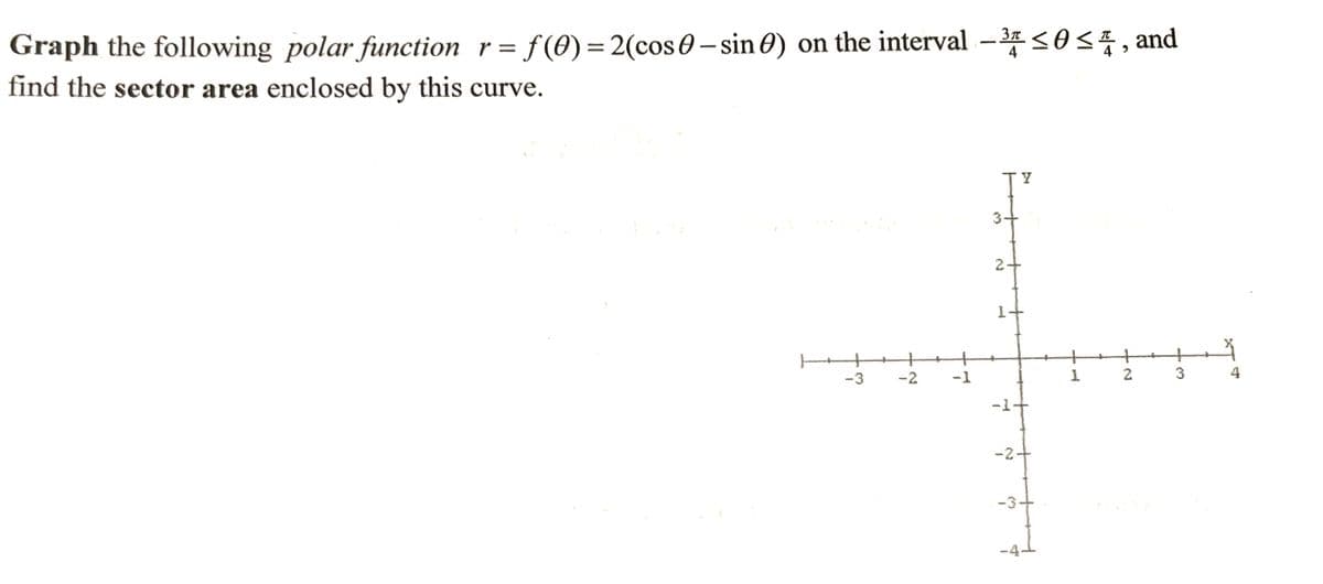 Graph the following polar function r = f(0) = 2(cos0– sin 0) on the interval – <oS4, and
find the sector area enclosed by this curve.
3T
2.
1+
-3
-2
-1
2
3
4
-1+
-2+
-3-
-4-
