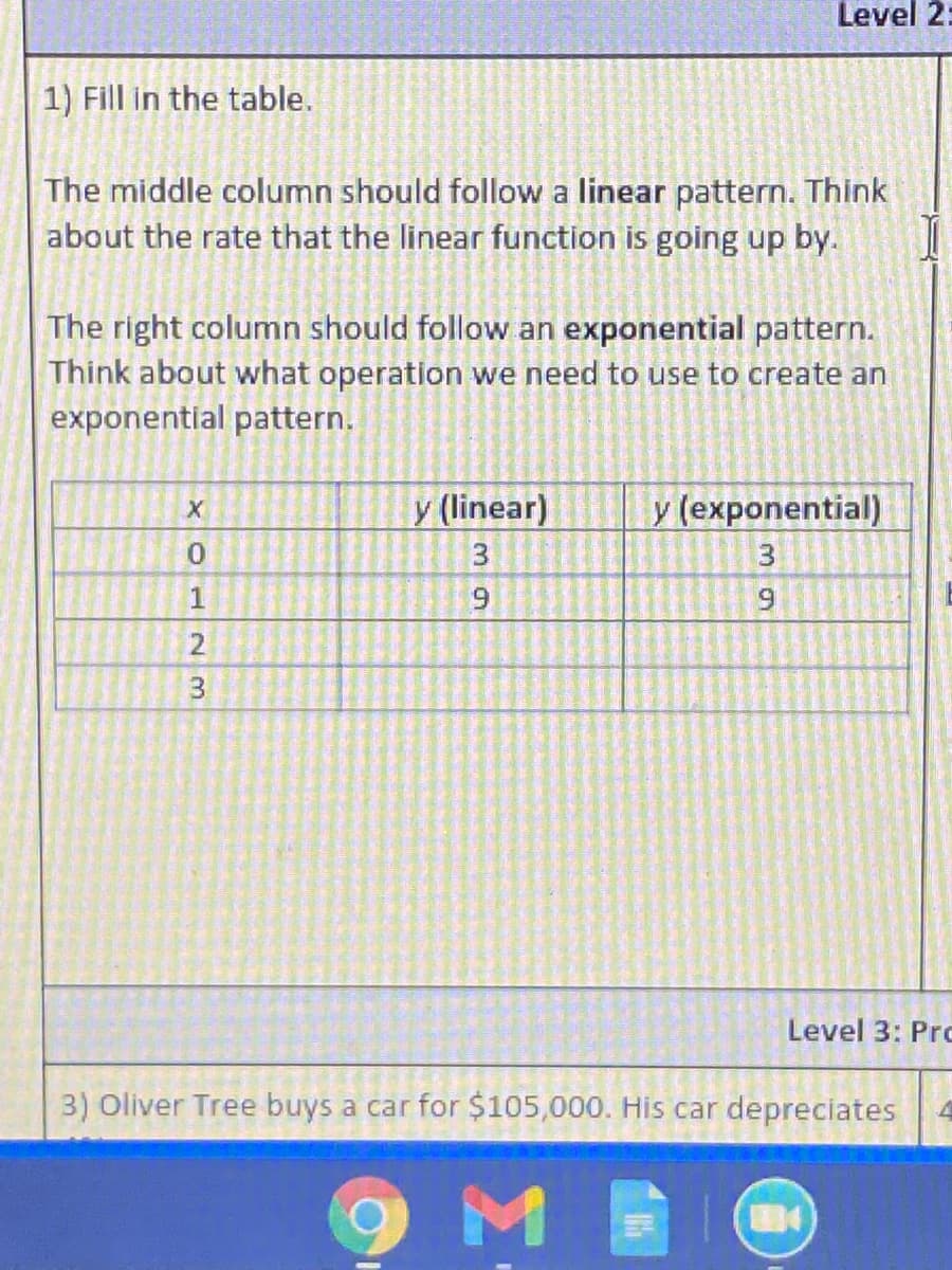Level 2:
1) Fill in the table.
The middle column should follow a linear pattern. Think
about the rate that the linear function is going up by.
The right column should follow an exponential pattern.
Think about what operation we need to use to create an
exponential pattern.
y (linear)
y (exponential)
1
6.
2.
3.
Level 3: Pro
3) Oliver Tree buys a car for $105,000. His car depreciates
