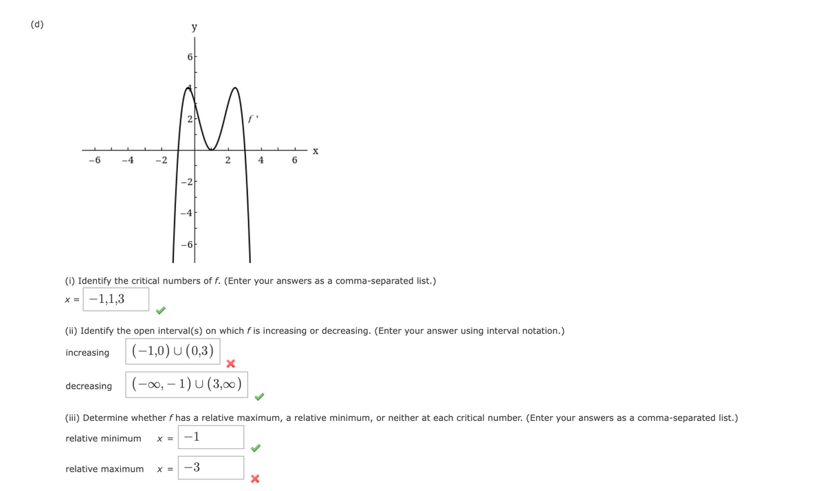 (d)
y
-2
6
2
-6
-4
4
6
-2
-4
-6
(i) Identify the critical numbers of f. (Enter your answers as a comma-separated list.)
X = -1,1,3
(ii) Identify the open interval(s) on which f is increasing or decreasing. (Enter your answer using interval notation.)
increasing
(−1,0) U (0,3)
decreasing
(−∞, − 1) U (3,∞)
(iii) Determine whether f has a relative maximum, a relative minimum, or neither at each critical number. (Enter your answers as a comma-separated list.)
relative minimum
X =
-1
relative maximum
-3
X =
X
2