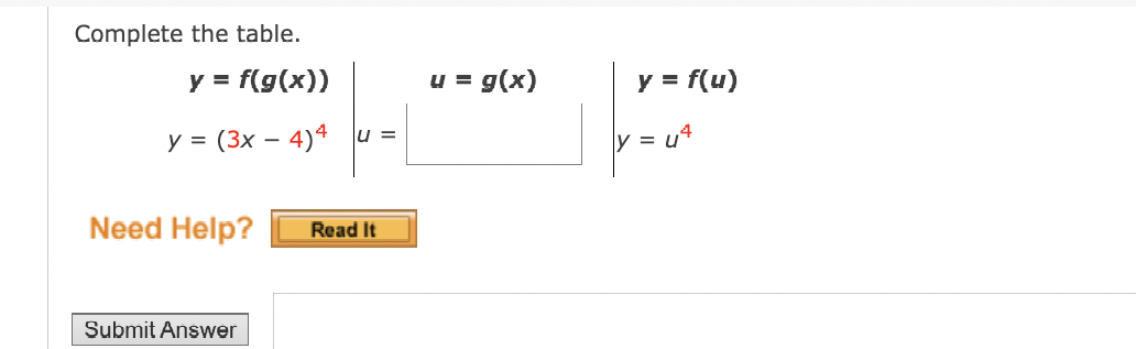 Complete the table.
y = f(g(x))
y = (3x - 4)4 u =
Read It
Need Help?
Submit Answer
u = g(x)
y = f(u)
y = u4