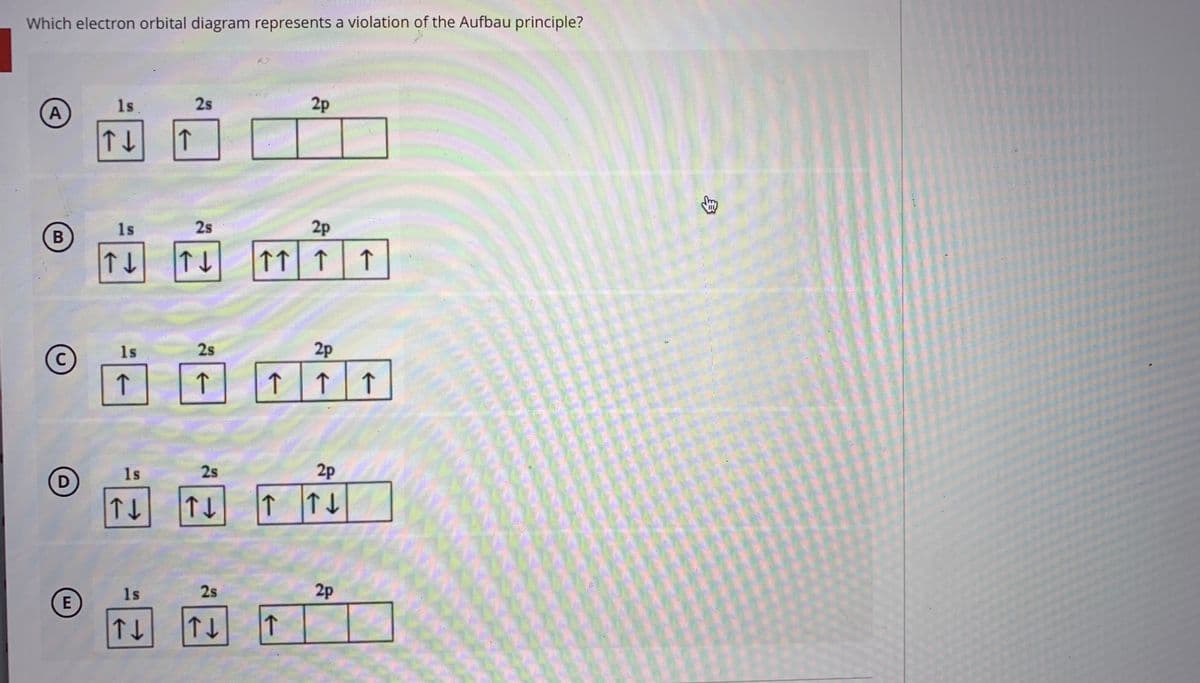 Which electron orbital diagram represents a violation of the Aufbau principle?
1s
2s
2p
A
↑
1s
2s
2p
↑↑| ↑ ↑
1s
2s
2p
C
↑| ↑
1s
2s
2p
1s
2s
2p
E
身
