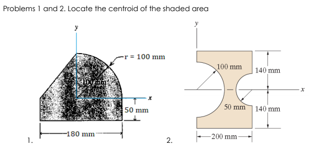Problems 1 and 2. Locate the centroid of the shaded area
-r = 100 mm
100 mm
140 mm
50 mm
140 mm
50 mm
-180 mm
200 mm
1.
2.
