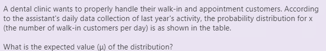 A dental clinic wants to properly handle their walk-in and appointment customers. According
to the assistant's daily data collection of last year's activity, the probability distribution for x
(the number of walk-in customers per day) is as shown in the table.
What is the expected value (u) of the distribution?
