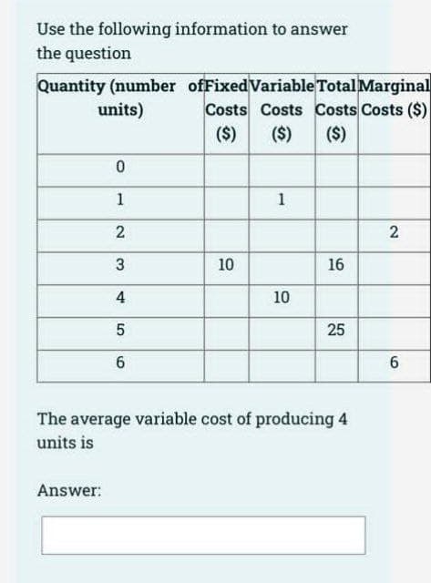 Use the following information to answer
the question
Quantity (number ofFixedVariable Total Marginal
Costs Costs Costs Costs ($)
($)
units)
($)
($)
1
1
10
16
10
The average variable cost of producing 4
units is
Answer:
2.
25
2.
4.
