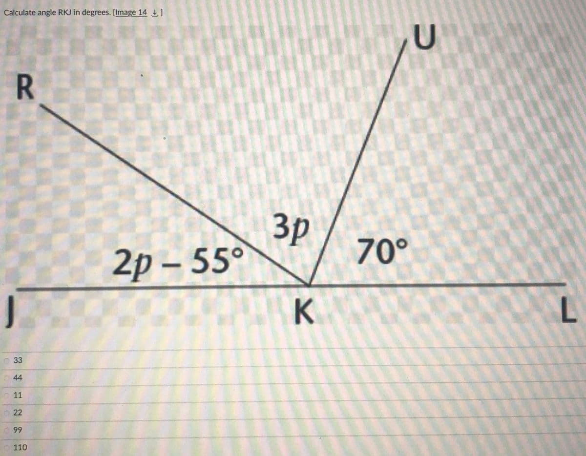 Calculate angle RKJ in degrees. [Image 14 1
3p
70°
2p – 55°
L.
33
11
22
99
110
