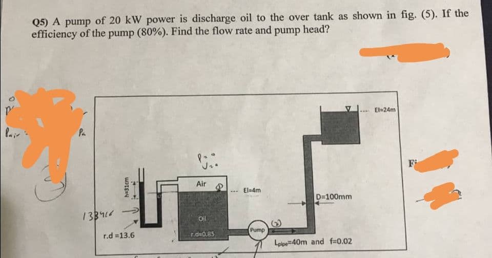 Q5) A pump of 20 kW power is discharge oil to the over tank as shown in fig. (5). If the
efficiency of the pump (80%). Find the flow rate and pump head?
El-24m
Pa
F
Air
El=4m
...
D=100mm
138414
Oll
r.d =13.6
r.d=0.85
Pump
Lpipe=40m and f-0.02
h=31cm
