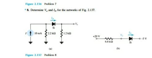Figure 2.136 Problem 7
*&. Determine V, and I, for the networks of Fig. 2.137.
V.
10 mA
22 ka
1.2 ka
+20 V
-5V
6.8ka
(a)
(b)
Figure 2.137 Problem 8
