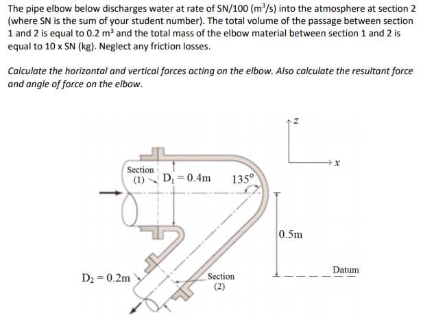 The pipe elbow below discharges water at rate of SN/100 (m³/s) into the atmosphere at section 2
(where SN is the sum of your student number). The total volume of the passage between section
1 and 2 is equal to 0.2 m³ and the total mass of the elbow material between section 1 and 2 is
equal to 10 x SN (kg). Neglect any friction losses.
Calculate the horizontal and vertical forces acting on the elbow. Also calculate the resultant force
and angle of force on the elbow.
Section
(1) D; = 0.4m
135°
0.5m
Datum
Section
(2)
D2 = 0.2m

