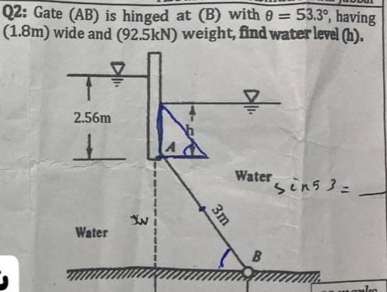 Q2: Gate (AB) is hinged at (B) with 0 = 53.3°, having
(1.8m) wide and (92.5kN) weight, find water level (h).
T
2.56m
Water
3m
몰
Water Sins 3 =
3=
B