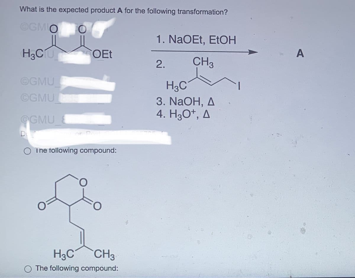 What is the expected product A for the following transformation?
OGMIO O
H₂CU
OGMU
OGMU
@GMU
DO
OEt
or Post
The following compound:
H3C
CH3
The following compound:
1. NaOEt, EtOH
2.
CH3
H3C
3. NaOH, A
4. H3O+, A
A