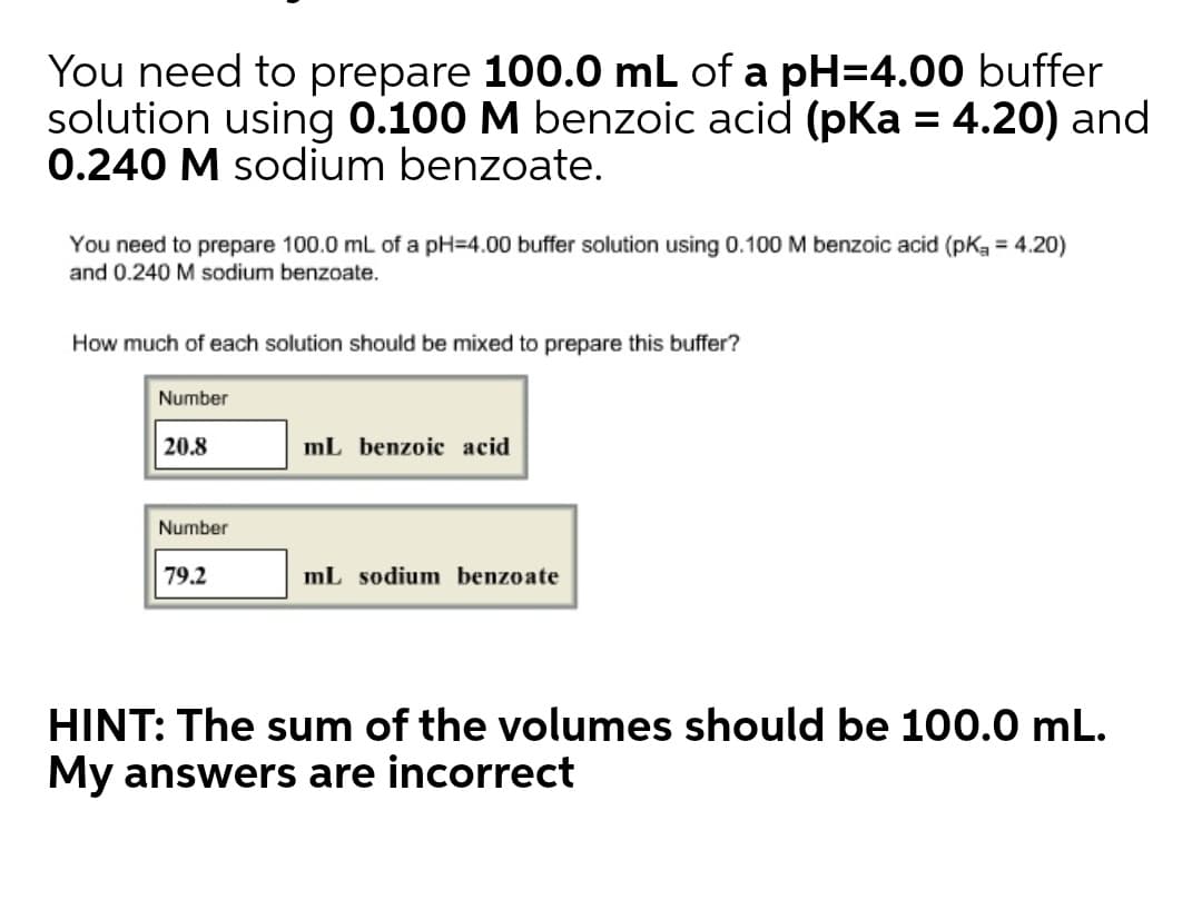 You need to prepare 100.0 mL of a pH=4.00 buffer
solution using 0.100 M benzoic acid (pKa = 4.20) and
0.240 M sodium benzoate.
You need to prepare 100.0 mL of a pH=4.00 buffer solution using 0.100 M benzoic acid (pKa = 4.20)
and 0.240 M sodium benzoate.
How much of each solution should be mixed to prepare this buffer?
Number
20.8
mL benzoic acid
Number
79.2
mL sodium benzoate
HINT: The sum of the volumes should be 100.0 mL.
My answers are incorrect
