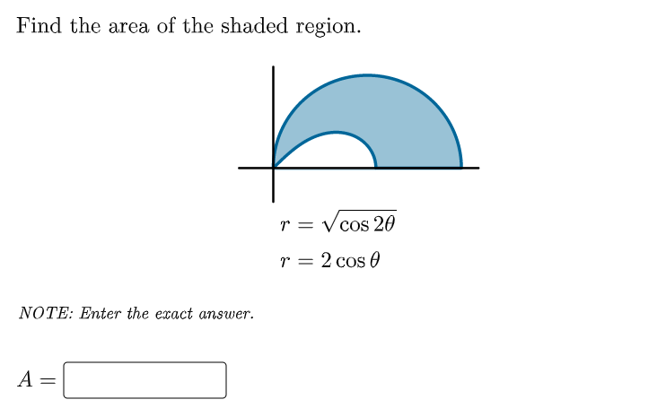 Find the area of the shaded region.
r = V cos 20
r = 2 cos 0
NOTE: Enter the exact answer.
A
