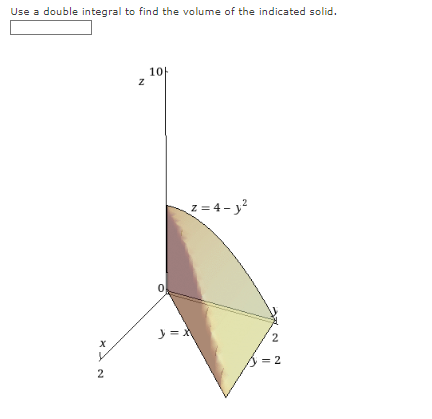 Use a double integral to find the volume of the indicated solid.
10-
z = 4- y?
y =
= 2
2
2.
