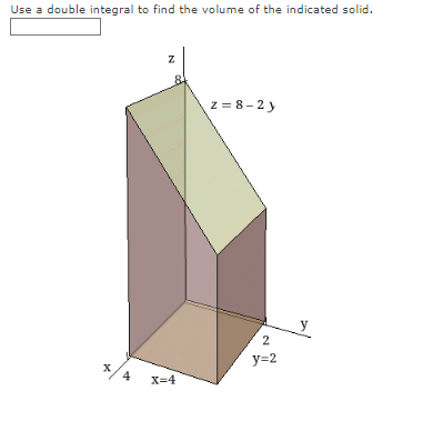 Use a double integral to find the volume of the indicated solid.
z = 8 - 2 y
y
2
y=2
4
X=4
N
