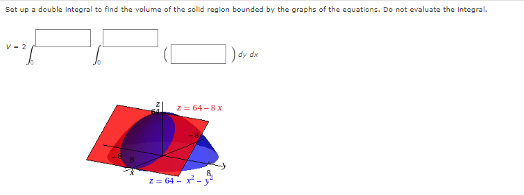 Set up a double integral to find the volume of the solid region bounded by the graphs of the equations. Do not evaluate the integral.
V = 2
dy dx
1 z = 64 – 8 x
z = 64 - x - y
