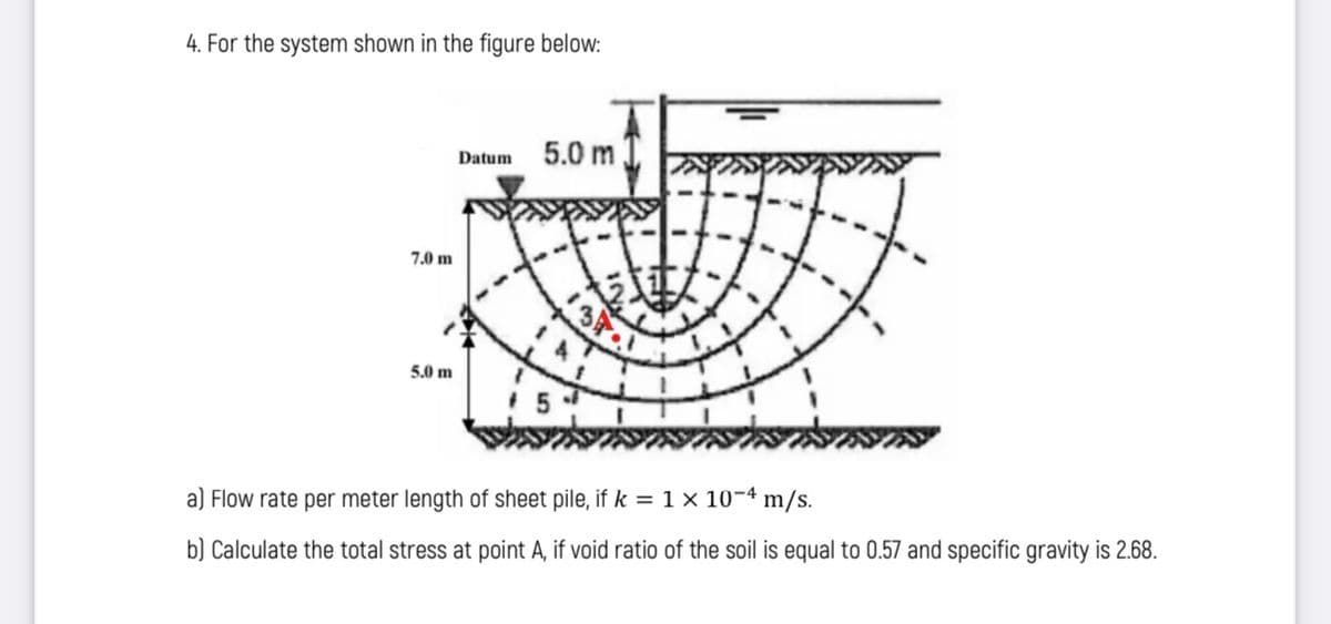 4. For the system shown in the figure below:
5.0 m
Datum
7.0 m
5.0 m
a) Flow rate per meter length of sheet pile, if k = 1 × 10-4 m/s.
b) Calculate the total stress at point A, if void ratio of the soil is equal to 0.57 and specific gravity is 2.68.
