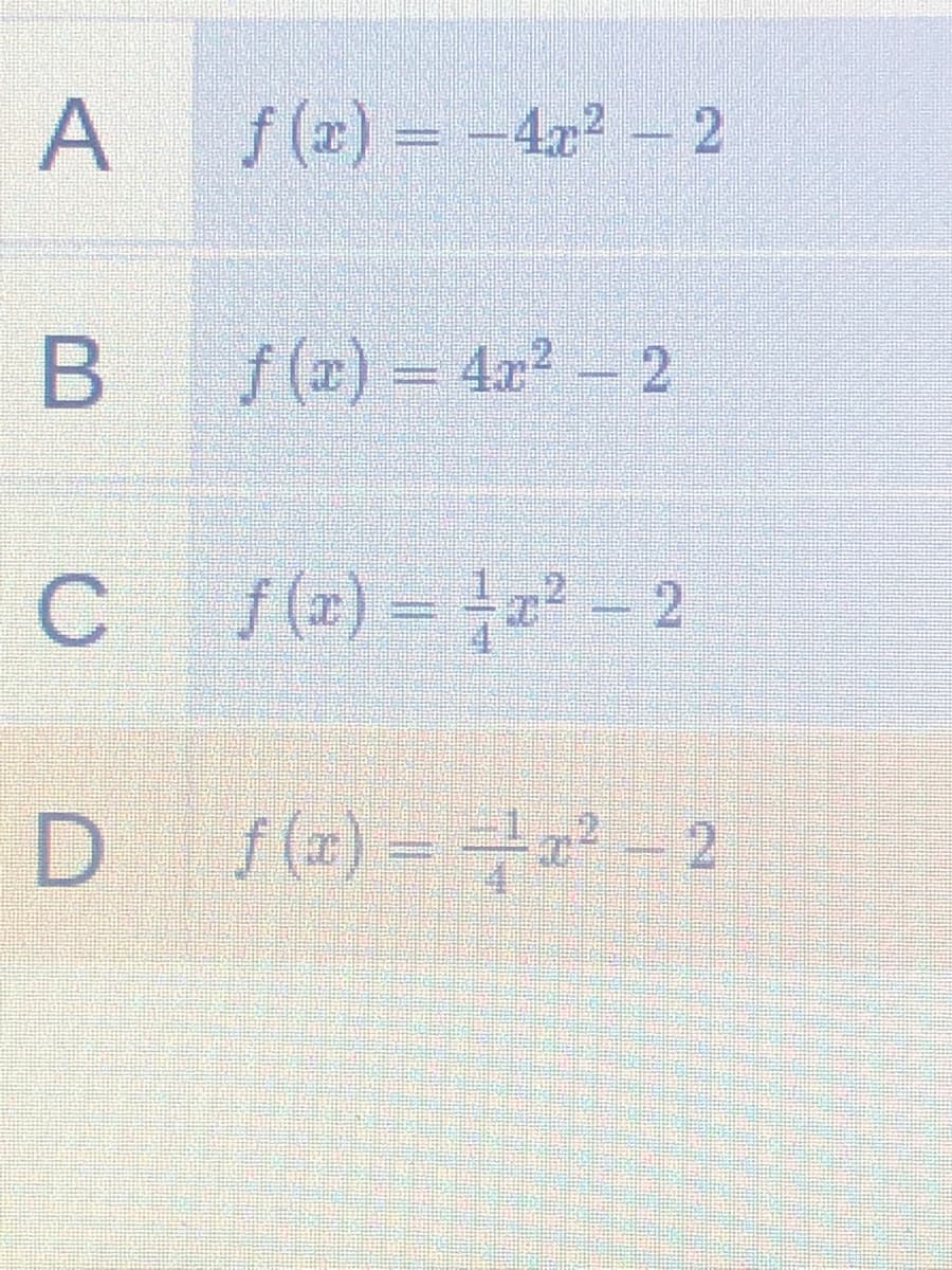 A
f (x) = -422 - 2
f (x) = 4x² - 2
.
f (x) %3D 글22-2
D f() = – 2
C.
