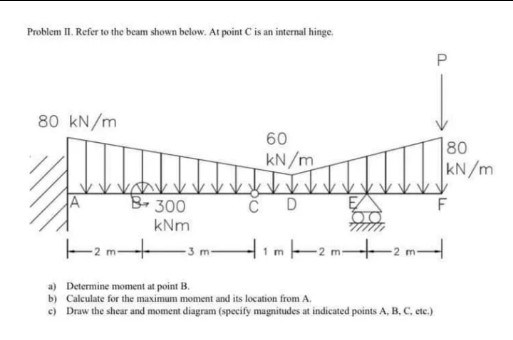 Problem II. Refer to the beam shown below. At point C is an internal hinge.
P.
80 kN/m
60
80
KN/m
kN/m
Br300
kNm
Him-2 m-
-2 m-
3 m-
a) Determine moment at point B.
b) Calculate for the maximum moment and its location from A.
e) Draw the shear and moment diagram (specify magnitudes at indicated points A, B, C. ete.)
