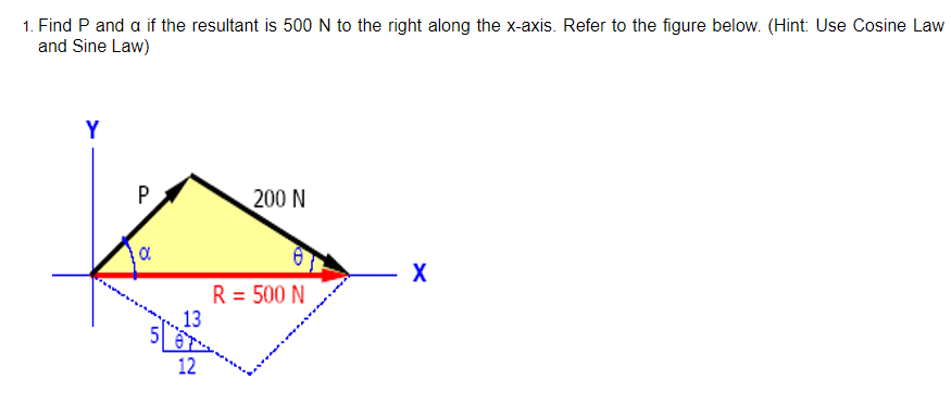 1. Find P and a if the resultant is 500 N to the right along the x-axis. Refer to the figure below. (Hint: Use Cosine Law
and Sine Law)
Y
200 N
X
R = 500 N
P
8
5
13
12