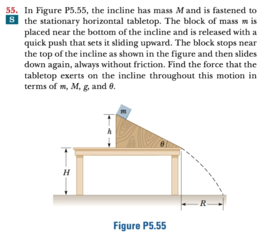 55. In Figure P5.55, the incline has mass Mand is fastened to
the stationary horizontal tabletop. The block of mass m is
placed near the bottom of the incline and is released with a
quick push that sets it sliding upward. The block stops near
the top of the incline as shown in the figure and then slides
down again, always without friction. Find the force that the
tabletop exerts on the incline throughout this motion in
terms of m, M, g, and 0.
т
h
Н
-R
Figure P5.55
S
