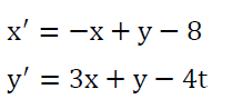x' = -x + y – 8
y' = 3x + y – 4t
